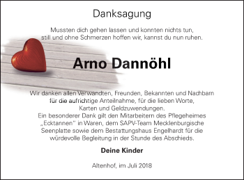 Traueranzeige von Arno Dannöhl von Müritz-Zeitung