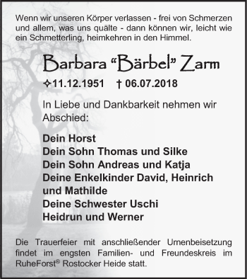 Traueranzeige von Barbara Zarm von Müritz-Zeitung