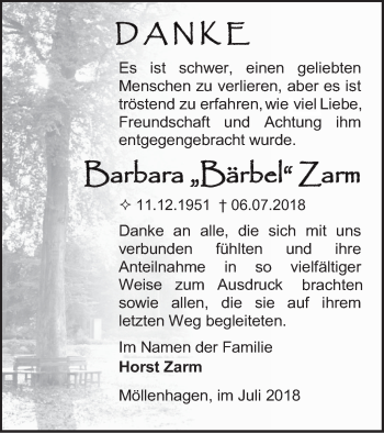 Traueranzeige von Barbara Zarm von Müritz-Zeitung