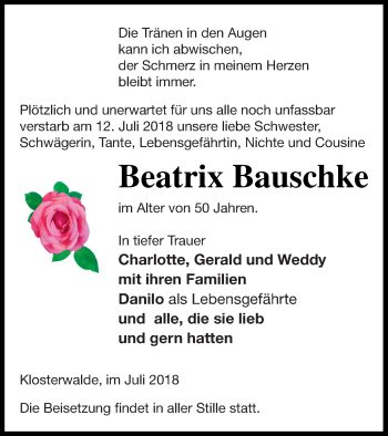 Traueranzeige von Beatrix Bauschke von Templiner Zeitung