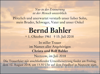 Traueranzeige von Bernd Bahler von Vorpommern Kurier