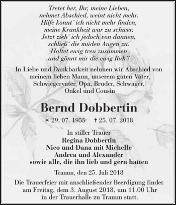 Traueranzeige von Bernd Dobbertin von Zeitung für die Landeshauptstadt