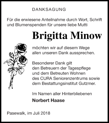 Traueranzeige von Brigitta Minow von Pasewalker Zeitung