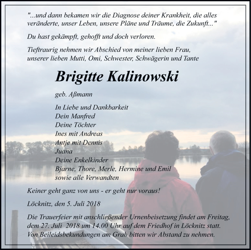  Traueranzeige für Brigitte Kalinowski vom 12.07.2018 aus Haff-Zeitung
