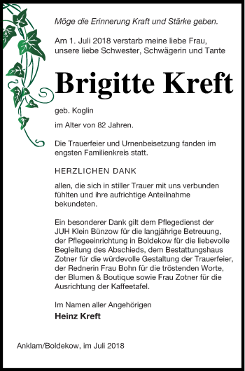 Traueranzeige von Brigitte Kreft von Vorpommern Kurier