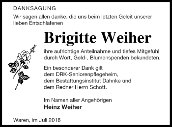 Traueranzeige von Brigitte Weiher von Müritz-Zeitung