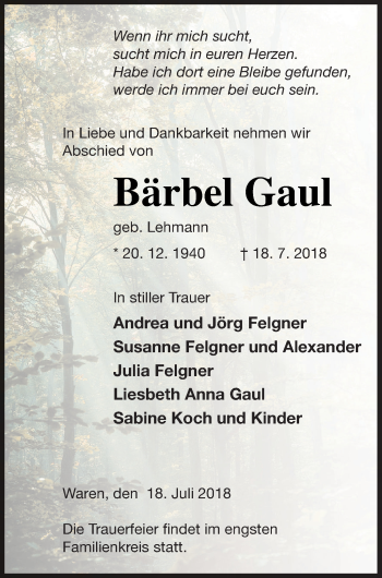Traueranzeige von Bärbel Gaul von Müritz-Zeitung