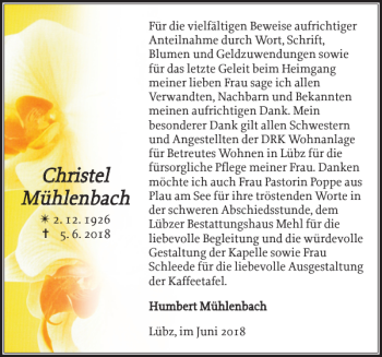 Traueranzeige von Christel Mühlenbach von Zeitung für Lübz - Goldberg - Plau