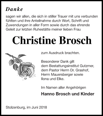 Traueranzeige von Christine Brosch von Pasewalker Zeitung