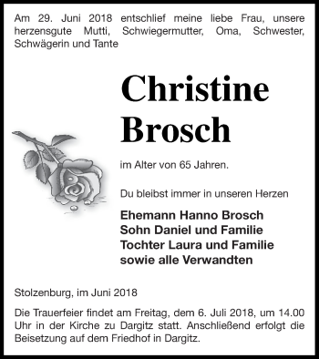 Traueranzeige von Christine Brosch von Pasewalker Zeitung