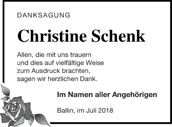 Traueranzeige von Christine Schenk von Neubrandenburger Zeitung