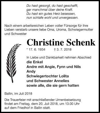 Traueranzeige von Christine Schenk von Neubrandenburger Zeitung