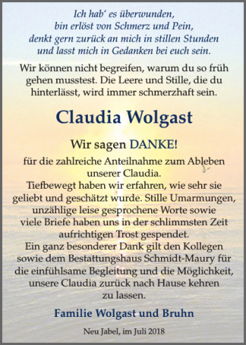 Traueranzeige von Claudia Wolgast von Ludwigsluster Tageblatt