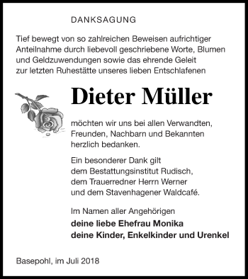 Traueranzeige von Dieter Müller von Mecklenburger Schweiz