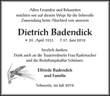 Traueranzeige von Dietrich Badendick von Zeitung für die Landeshauptstadt