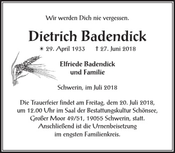 Traueranzeige von Dietrich Badendick von Zeitung für die Landeshauptstadt