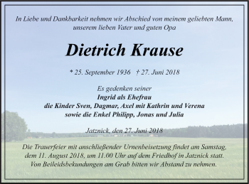 Traueranzeige von Dietrich Krause von Pasewalker Zeitung