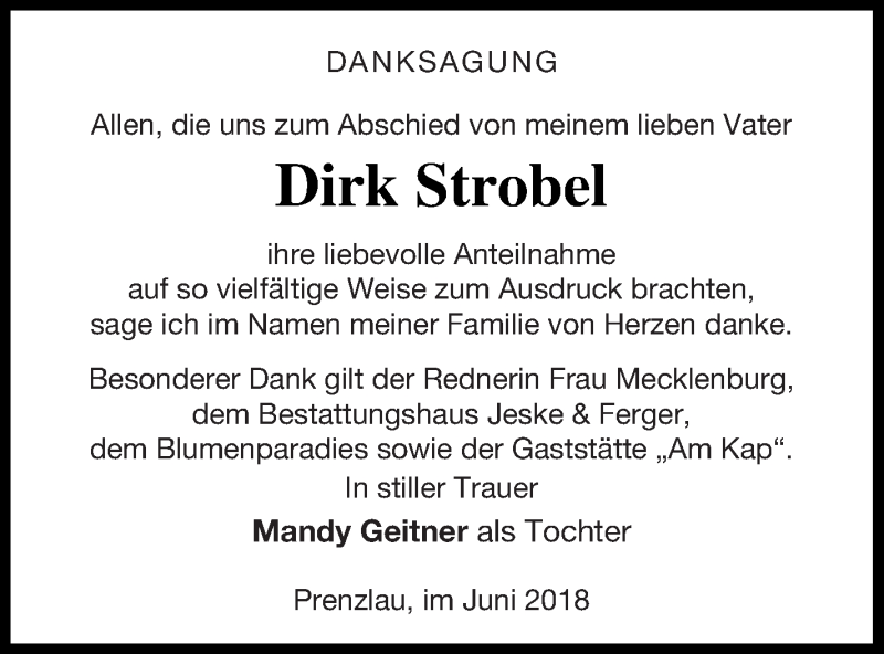  Traueranzeige für Dirk Strobel vom 04.07.2018 aus Prenzlauer Zeitung