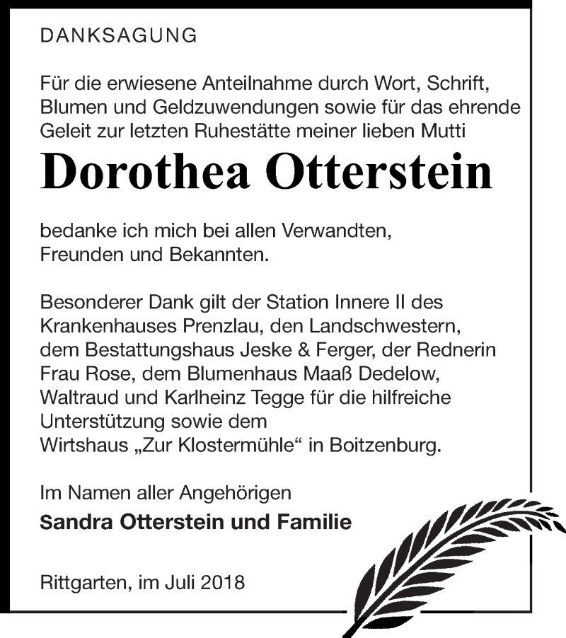  Traueranzeige für Dorothea Otterstein vom 06.07.2018 aus Prenzlauer Zeitung