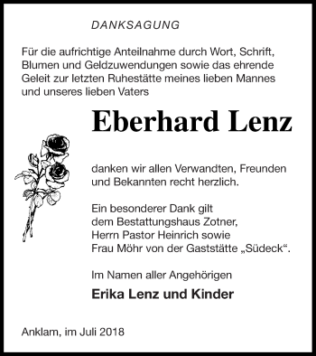 Traueranzeige von Eberhard Lenz von Vorpommern Kurier