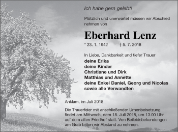 Traueranzeige von Eberhard Lenz von Vorpommern Kurier