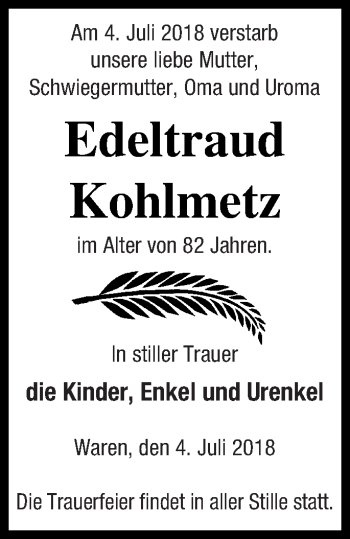 Traueranzeige von Edeltraud Kohlmetz von Müritz-Zeitung