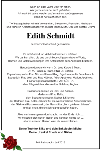 Traueranzeige von Edith Schmidt von Haff-Zeitung