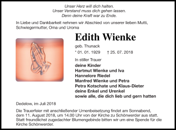 Traueranzeige von Edith Wienke von Prenzlauer Zeitung