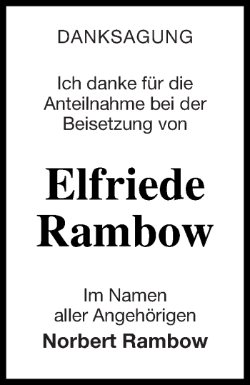 Traueranzeige von Elfriede Rambow von Strelitzer Zeitung