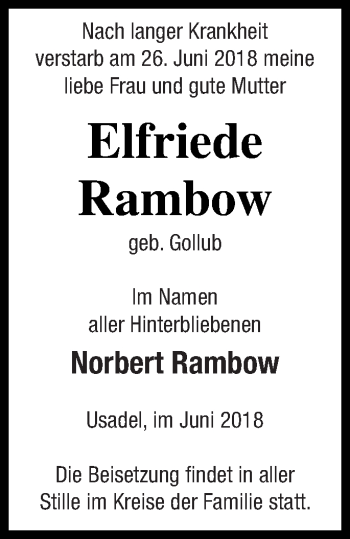 Traueranzeige von Elfriede Rambow von Strelitzer Zeitung