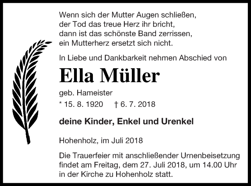  Traueranzeige für Ella Müller vom 10.07.2018 aus Pasewalker Zeitung