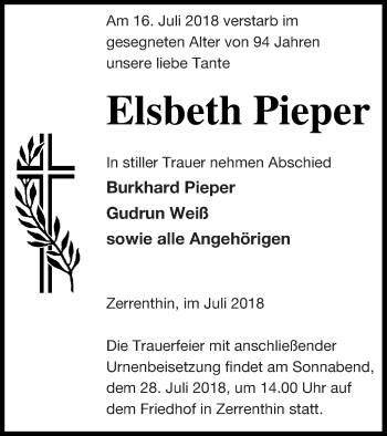 Traueranzeige von Elsbeth Pieper von Pasewalker Zeitung