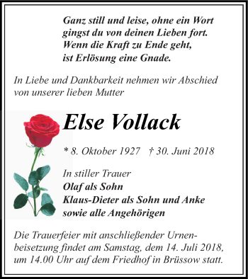 Traueranzeige von Else Vollack von Pasewalker Zeitung