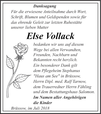 Traueranzeige von Else Vollack von Prenzlauer Zeitung