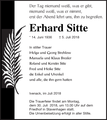 Traueranzeige von Erhard Sitte von Mecklenburger Schweiz