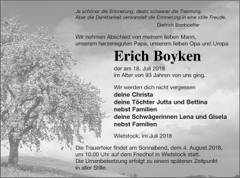 Traueranzeige von Erich Boyken von Haff-Zeitung