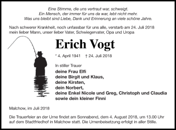 Traueranzeige von Erich Vogt von Müritz-Zeitung