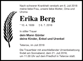 Traueranzeige von Erika Berg von Mecklenburger Schweiz