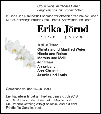 Traueranzeige von Erika Jörnd von Mecklenburger Schweiz