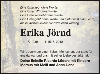 Traueranzeige von Erika Jörnd von Mecklenburger Schweiz