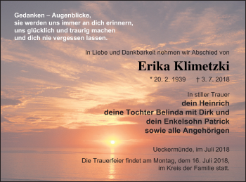 Traueranzeige von Erika Klimetzki von Haff-Zeitung