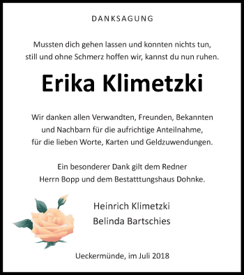 Traueranzeige von Erika Klimetzki von Haff-Zeitung