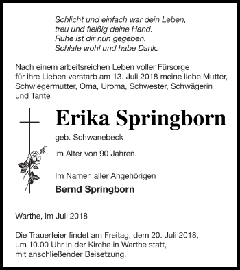 Traueranzeige von Erika Springborn von Templiner Zeitung