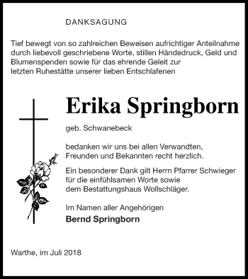 Traueranzeige von Erika Springborn von Templiner Zeitung