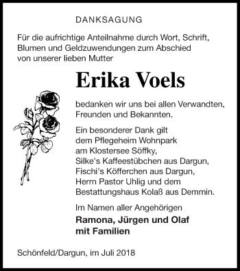 Traueranzeige von Erika Voels von Demminer Zeitung