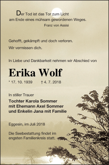 Traueranzeige von Erika Wolf von Haff-Zeitung