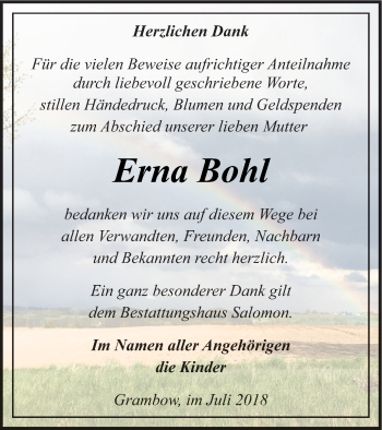 Traueranzeige von Erna Bohl von Pasewalker Zeitung