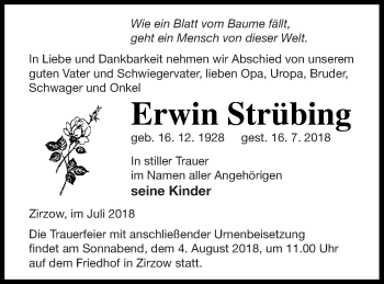 Traueranzeige von Erwin Strübing von Neubrandenburger Zeitung