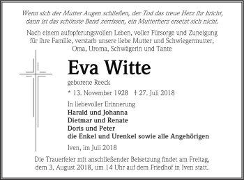 Traueranzeige von Eva Witte von Vorpommern Kurier