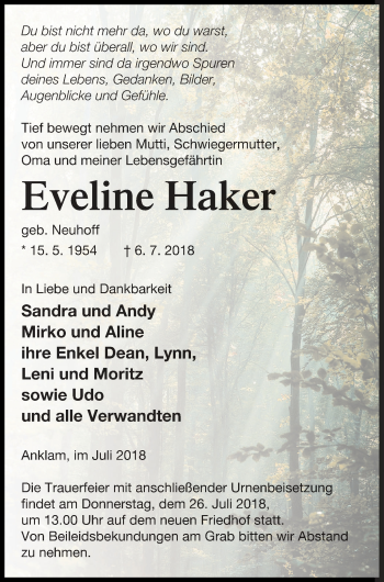 Traueranzeige von Eveline Haker von Vorpommern Kurier